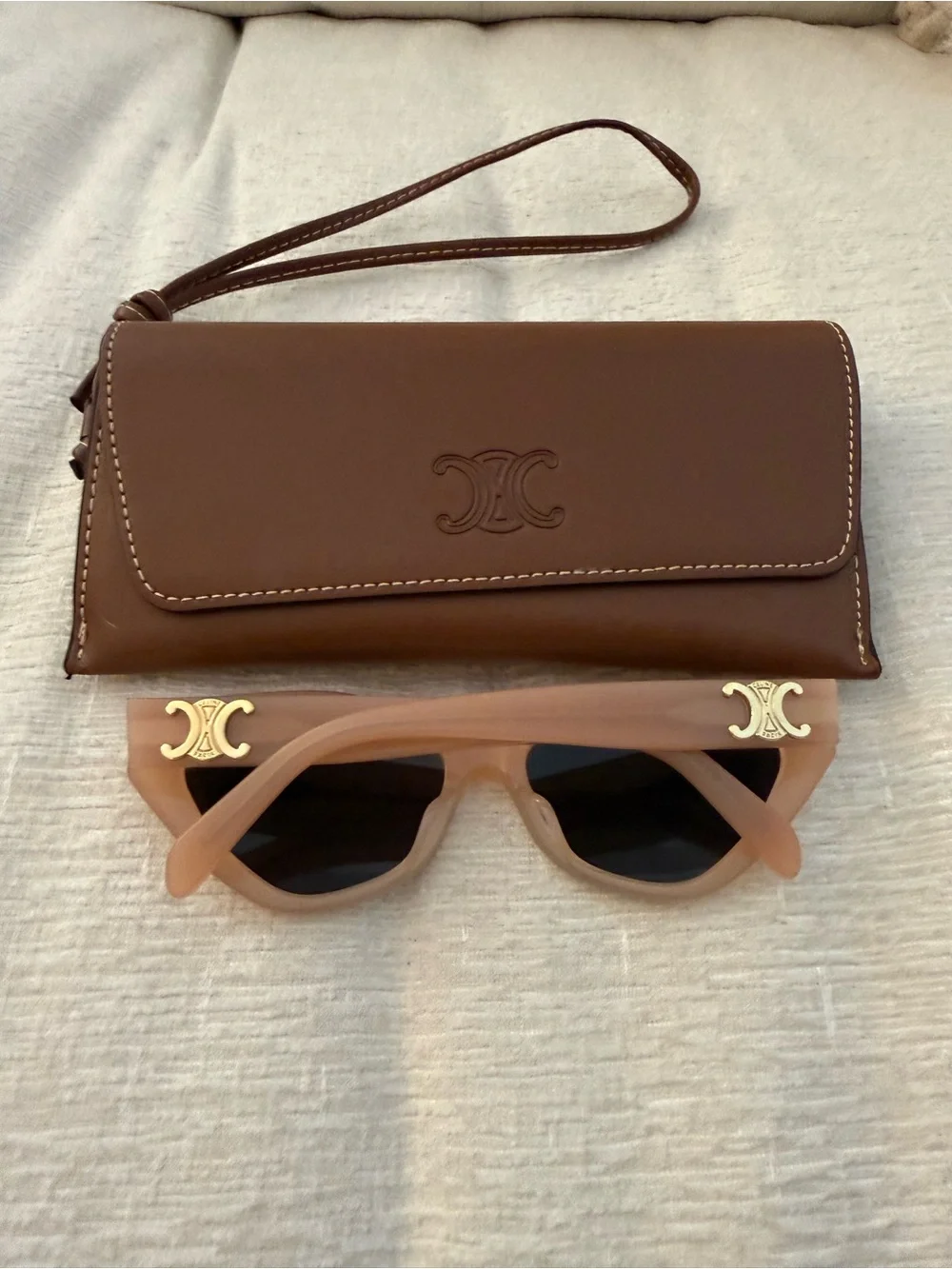 Celine Beige Cat-Eye Sunglasses with Brown Wristlet Case